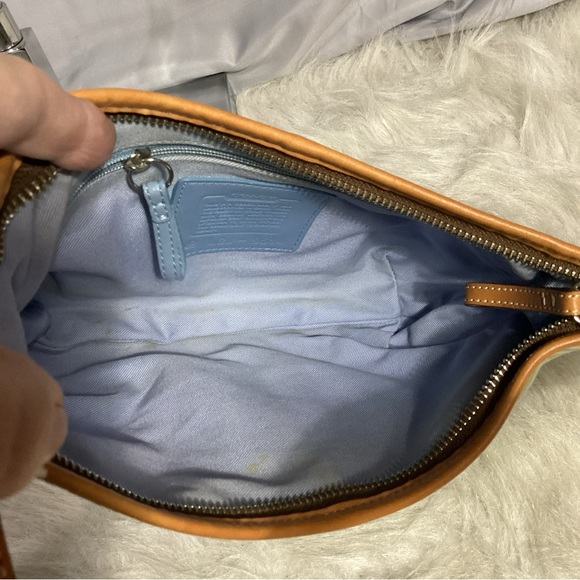 SOLD……COACH Blue Green Striped w/ Tan Leather Shoulder Bag L2J-9514 EUC - Picture 7 of 10